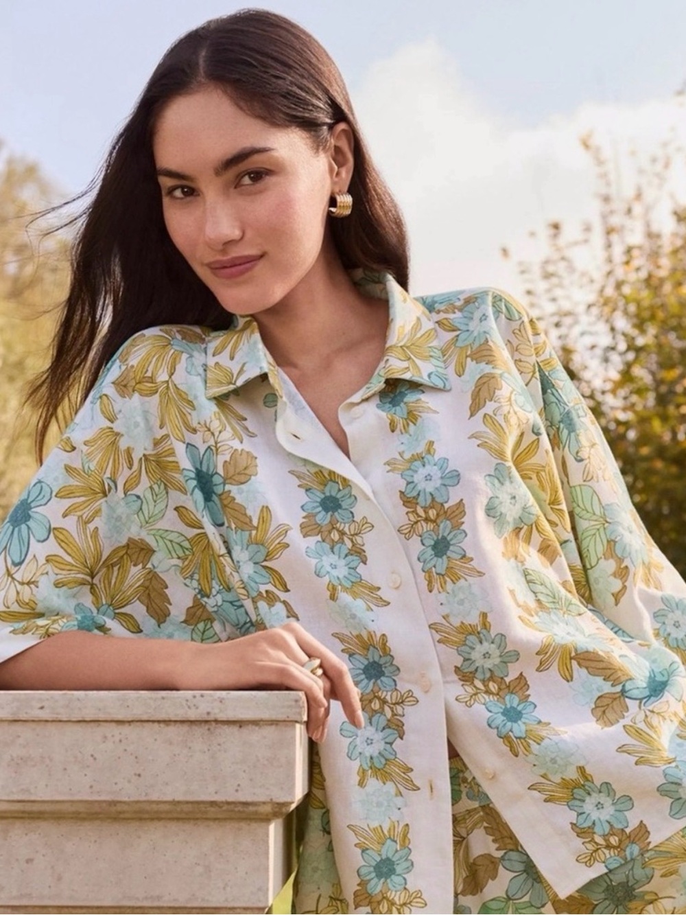 Loft Butter Up Button-Front Relaxed Shirt - Blue & Yellow Floral Print